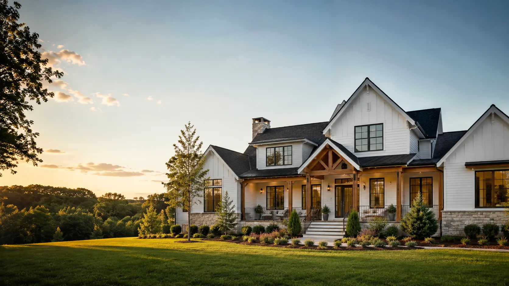 Landscaped white home in the Charlotte Metro at sunset