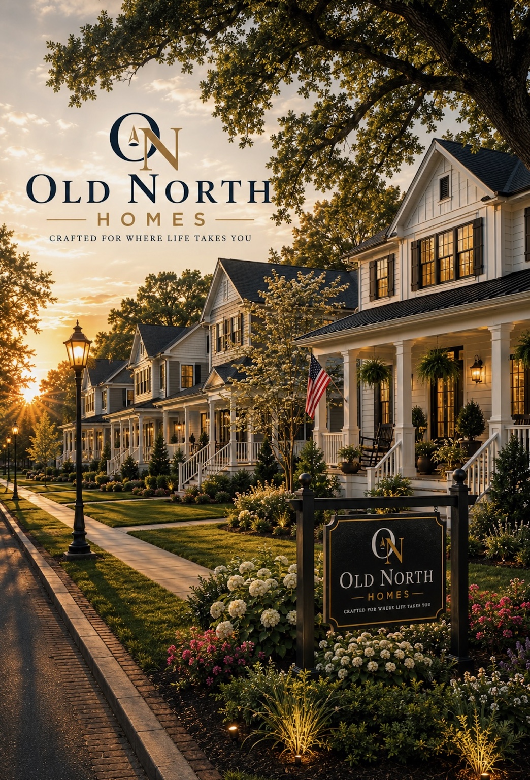 Tree-lined neighborhood streetscape in a classic Carolina setting