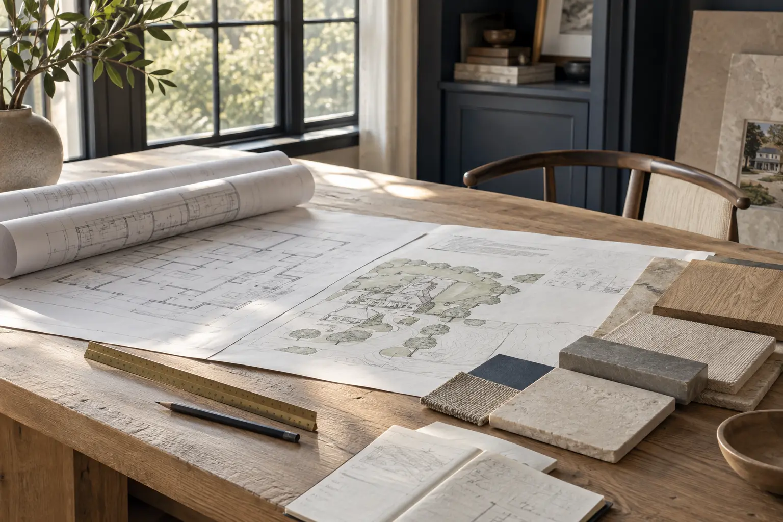 Home plans and natural finish materials prepared for review